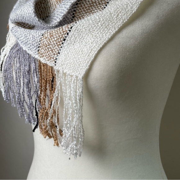 Handmade Neutral Minimalist Boho Striped Beachy Coastal Lagenlook Artisan Scarf - Picture 12 of 13